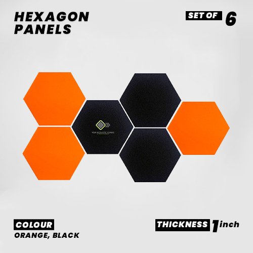 Hexagon Panels - Set of 6 | ORANGE, BLACK | 1 Sqft, 1" Thick | 50 Density Studio Noise Reduction, Echo Absorption | Premium Grade