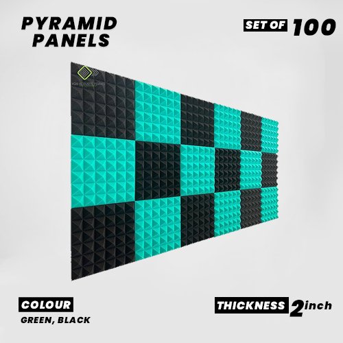 Pyramid Panels - Set of 100 | 1 Sqft, 2" Thick | 50 Density Studio Noise Reduction, Echo Absorption | Premium Grade | 3D Structure | 50 GREEN, 50 BLACK