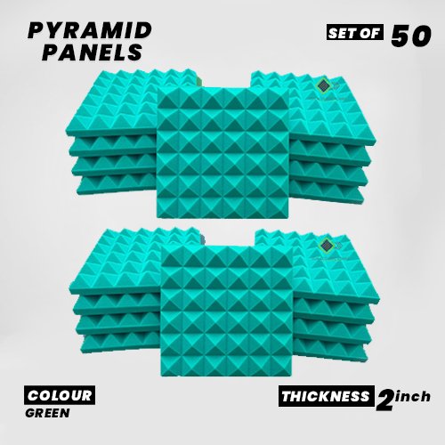 Pyramid Panels - Set of 50 | 1 Sqft, 2" Thick | 50 Density Studio Noise Reduction, Echo Absorption | Premium Grade | 3D Structure | GREEN