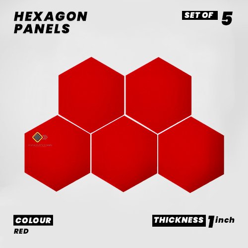 Hexagon Panels - Set of 5 | RED | 1 Sqft, 1" Thick | 50 Density Studio Noise Reduction, Echo Absorption | Premium Grade