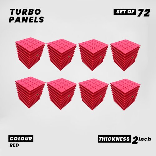 Turbo Panels - Set of 72 | 1 Sqft, 2" Thick | 50 Density Studio Noise Reduction, Echo Absorption | Premium Grade | 3D Structure with Grooves | RED