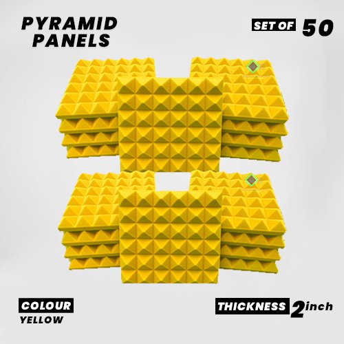 Pyramid Panels - Set of 50 | 1 Sqft, 2" Thick | 50 Density Studio Noise Reduction, Echo Absorption | Premium Grade | 3D Structure | YELLOW