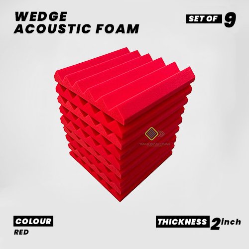 Wedge Panels - Set of 9 | 1 Sqft, 2" Thick | 50 Density Studio Noise Reduction, Echo Absorption | Premium Grade | 3D Structure | RED