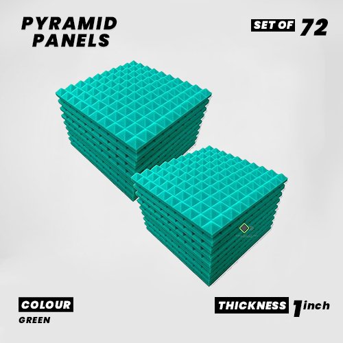 Pyramid Panels - Set of 72 | 1 Sqft, 1" Thick | 50 Density Studio Noise Reduction, Echo Absorption | Premium Grade | 3D Structure | GREEN