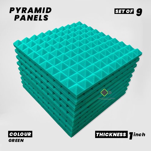 Pyramid Panels - Set of 9 | 1 Sqft, 1" Thick | 50 Density Studio Noise Reduction, Echo Absorption | Premium Grade | 3D Structure | GREEN