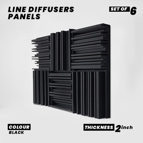 Line Diffusers Panels - Set of 6 | 1 Sqft, 2" Thick | 50 Density | Premium Grade | 3D Structure Broadband Sound Absorber - Periodic Groove Structure | BLACK