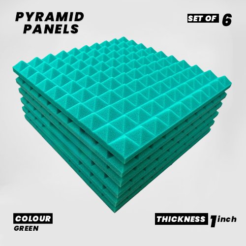 Pyramid Panels - Set of 6 | 1 Sqft, 1" Thick | 50 Density Studio Noise Reduction, Echo Absorption | Premium Grade | 3D Structure | GREEN