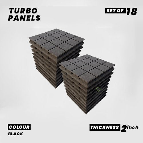 Turbo Panels - Set of 18 | 1 Sqft, 2" Thick | 50 Density Studio Noise Reduction, Echo Absorption | Premium Grade | 3D Structure with Grooves | BLACK