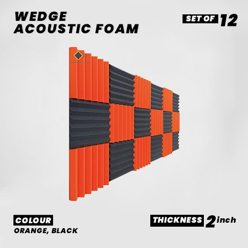 Wedge Panels - Set of 12 | 1 Sqft, 2" Thick | 50 Density Studio Noise Reduction, Echo Absorption | Premium Grade | 3D Structure | 6 ORANGE, 6 BLACK