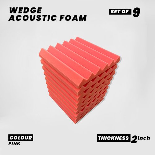 Wedge Panels - Set of 9 | 1 Sqft, 2" Thick | 50 Density Studio Noise Reduction, Echo Absorption | Premium Grade | 3D Structure | PINK