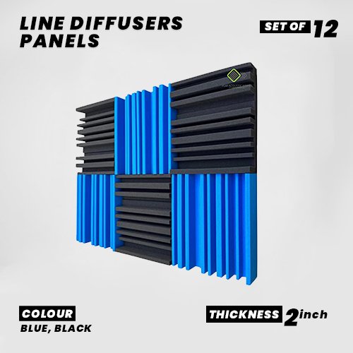 Line Diffusers Panels - Set of 12 | 1 Sqft, 2" Thick | 50 Density | Premium Grade | 3D Structure Broadband Sound Absorber - Periodic Groove Structure | 6 BLUE, 6 BLACK