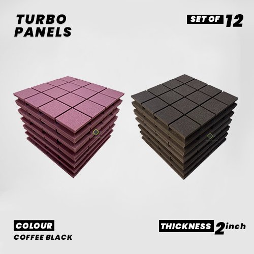 Turbo Panels - Set of 12 | 1 Sqft, 2" Thick | 50 Density Studio Noise Reduction, Echo Absorption | Premium Grade | 3D Structure with Grooves | 6 COFFEE, 6 BLACK