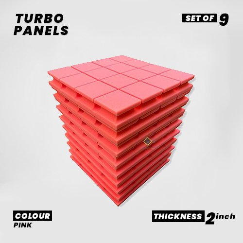 Turbo Panels - Set of 9 | 1 Sqft, 2" Thick | 50 Density Studio Noise Reduction, Echo Absorption | Premium Grade | 3D Structure with Grooves | PINK