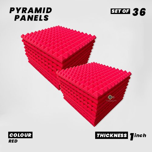 Pyramid Panels - Set of 36 | 1 Sqft, 1" Thick | 50 Density Studio Noise Reduction, Echo Absorption | Premium Grade | 3D Structure | RED