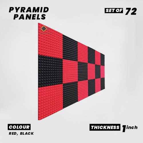 Pyramid Panels - Set of 72 | 1 Sqft, 1" Thick | 50 Density Studio Noise Reduction, Echo Absorption | Premium Grade | 3D Structure | 36 RED, 36 BLACK