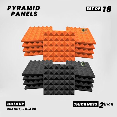 Pyramid Panels - Set of 18 | 1 Sqft, 2" Thick | 50 Density Studio Noise Reduction, Echo Absorption | Premium Grade | 3D Structure | 9 ORANGE, 9 BLACK