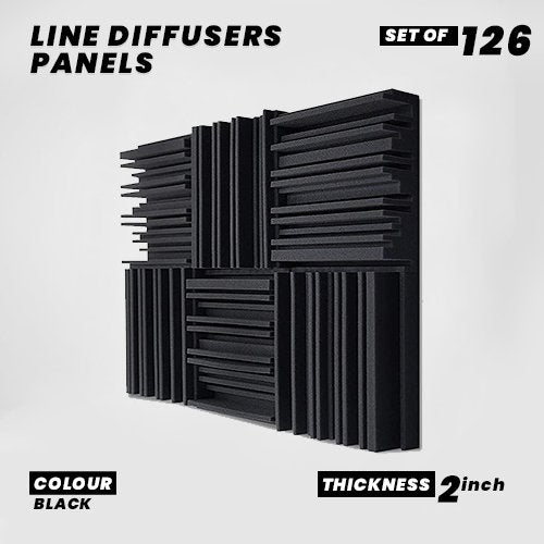 Line Diffusers Panels - Set of 126 | 1 Sqft, 2" Thick | 50 Density | Premium Grade | 3D Structure Broadband Sound Absorber - Periodic Groove Structure | BLACK