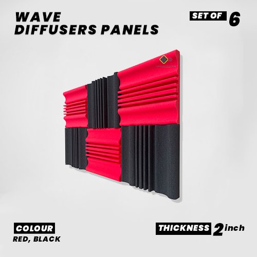 Wave Diffusers Panels - Set of 6 | 1 Sqft, 2" Thick | 50 Density | Premium Grade | 3D Structure Broadband Sound Absorber - Periodic Groove Structure | 3 RED, 3 BLACK