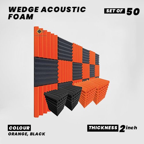 Wedge Panels - Set of 50 | 1 Sqft, 2" Thick | 50 Density Studio Noise Reduction, Echo Absorption | Premium Grade | 3D Structure | 25 ORANGE, 25 BLACK