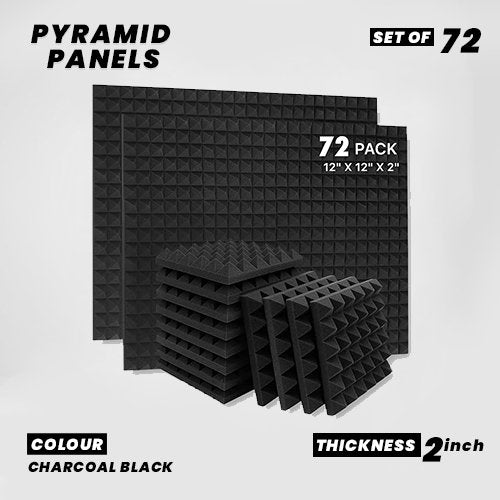 Pyramid Panels - Set of 72 | 1 Sqft, 2" Thick | 50 Density Studio Noise Reduction, Echo Absorption | Premium Grade | 3D Structure | Charcoal Black