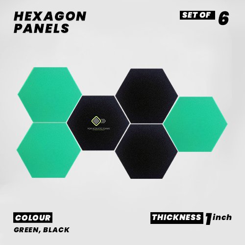 Hexagon Panels - Set of 6 | GREEN, BLACK | 1 Sqft, 1" Thick | 50 Density Studio Noise Reduction, Echo Absorption | Premium Grade