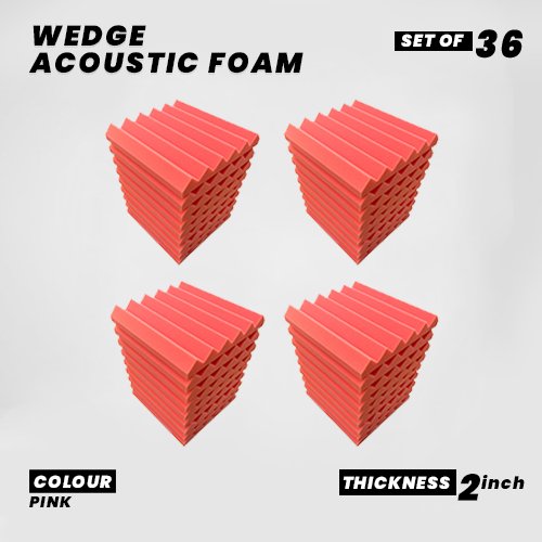 Wedge Panels - Set of 36 | 1 Sqft, 2" Thick | 50 Density Studio Noise Reduction, Echo Absorption | Premium Grade | 3D Structure | PINK