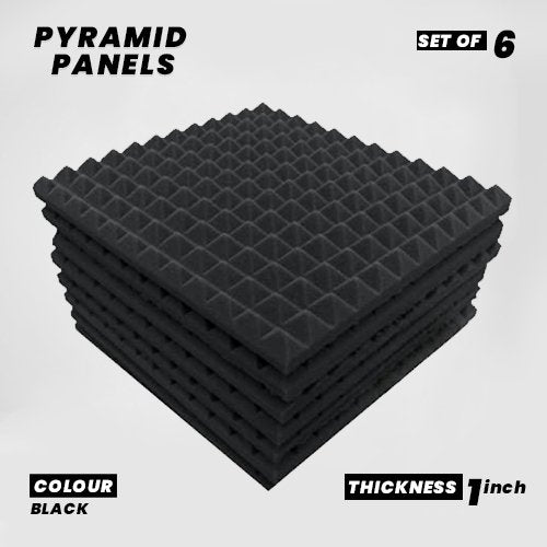 Pyramid Panels - Set of 6 | 1 Sqft, 1" Thick | 50 Density Studio Noise Reduction, Echo Absorption | Premium Grade | 3D Structure | BLACK