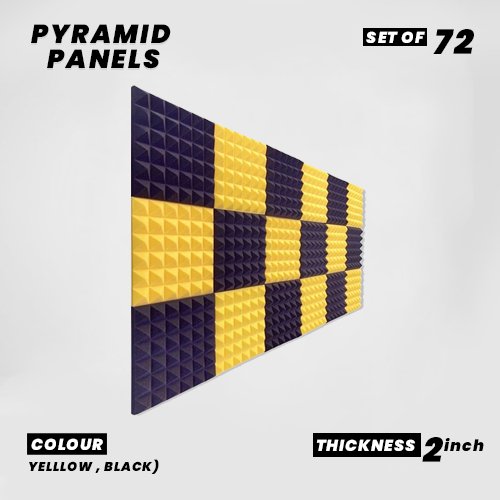 Pyramid Panels - Set of 72 | 1 Sqft, 2" Thick | 50 Density Studio Noise Reduction, Echo Absorption | Premium Grade | 3D Structure | 36 YELLOW, 36 BLACK