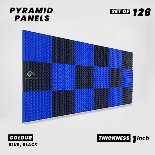 Pyramid Panels - Set of 126 | 1 Sqft, 1" Thick | 50 Density Studio Noise Reduction, Echo Absorption | Premium Grade | 3D Structure | 63 BLUE, 63 BLACK