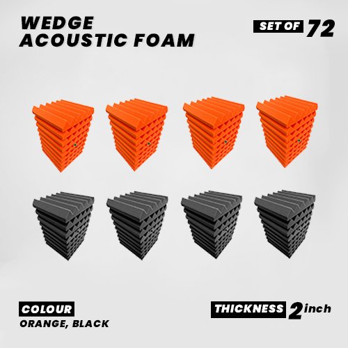 Wedge Panels - Set of 72 | 1 Sqft, 2" Thick | 50 Density Studio Noise Reduction, Echo Absorption | Premium Grade | 3D Structure | 36 ORANGE, 36 BLACK