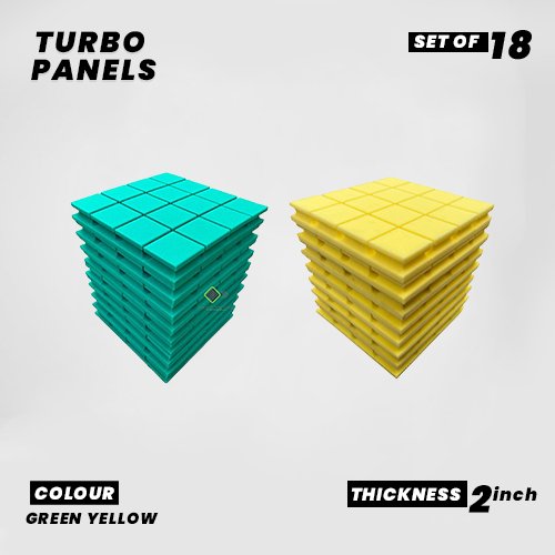 Turbo Panels - Set of 18 | 1 Sqft, 2" Thick | 50 Density Studio Noise Reduction, Echo Absorption | Premium Grade | 3D Structure with Grooves | 9 GREEN, 9 YELLOW