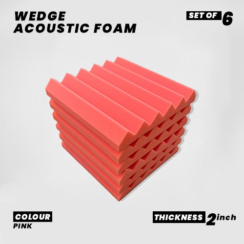 Wedge Panels - Set of 6 | 1 Sqft, 2" Thick | 50 Density Studio Noise Reduction, Echo Absorption | Premium Grade | 3D Structure | PINK