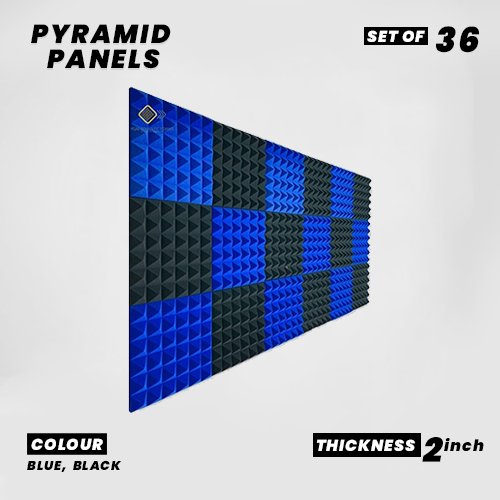 Pyramid Panels - Set of 36 | 1 Sqft, 2" Thick | 50 Density Studio Noise Reduction, Echo Absorption | Premium Grade | 3D Structure | 18 BLUE 18 BLACK