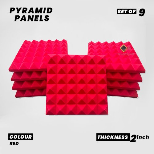 Pyramid Panels - Set of 9 | 1 Sqft, 2" Thick | 50 Density Studio Noise Reduction, Echo Absorption | Premium Grade | 3D Structure | RED