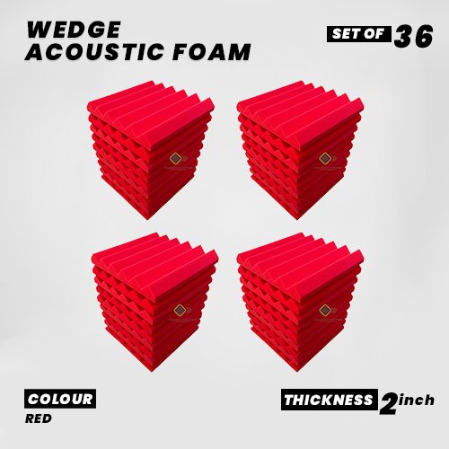 Wedge Panels - Set of 36 | 1 Sqft, 2" Thick | 50 Density Studio Noise Reduction, Echo Absorption | Premium Grade | 3D Structure | RED