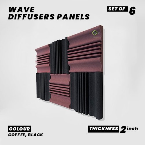 Wave Diffusers Panels - Set of 6 | 1 Sqft, 2" Thick | 50 Density | Premium Grade | 3D Structure Broadband Sound Absorber - Periodic Groove Structure | 3 COFFEE, 3 BLACK