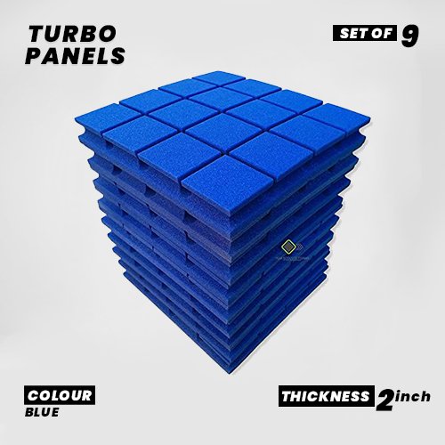 Turbo Panels - Set of 9 | 1 Sqft, 2" Thick | 50 Density Studio Noise Reduction, Echo Absorption | Premium Grade | 3D Structure with Grooves | BLUE