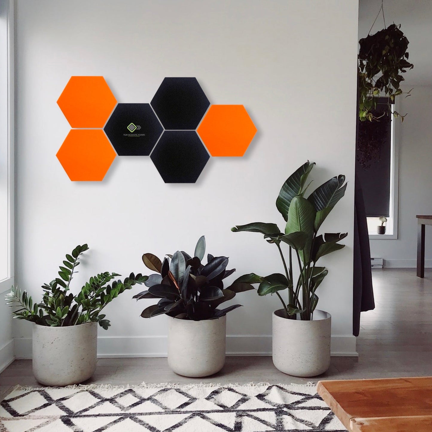 Hexagon Panels - Set of 6 | ORANGE, BLACK | 1 Sqft, 1" Thick | 50 Density Studio Noise Reduction, Echo Absorption | Premium Grade