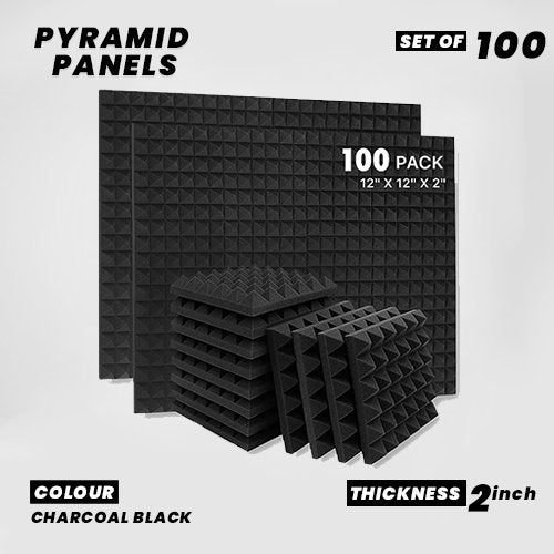 Pyramid Panels - Set of 100 | 1 Sqft, 2" Thick | 50 Density Studio Noise Reduction, Echo Absorption | Premium Grade | 3D Structure | Charcoal Black