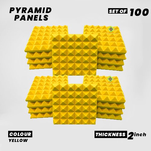 Pyramid Panels - Set of 100 | 1 Sqft, 2" Thick | 50 Density Studio Noise Reduction, Echo Absorption | Premium Grade | 3D Structure | YELLOW