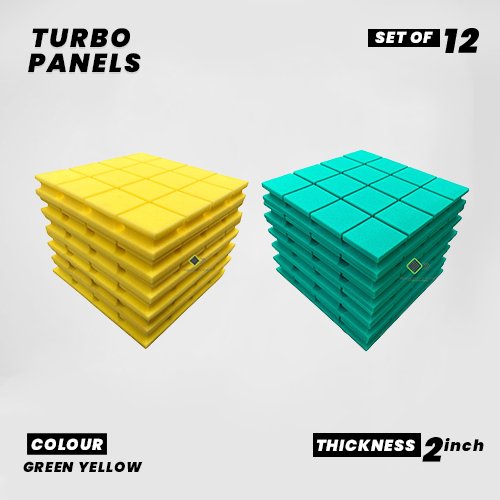 Turbo Panels - Set of 12 | 1 Sqft, 2" Thick | 50 Density Studio Noise Reduction, Echo Absorption | Premium Grade | 3D Structure with Grooves | 6 GREEN, 6 YELLOW