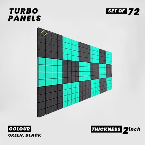 Turbo Panels - Set of 72 | 1 Sqft, 2" Thick | 50 Density Studio Noise Reduction, Echo Absorption | Premium Grade | 3D Structure with Grooves | 36 GREEN, 36 BLACK