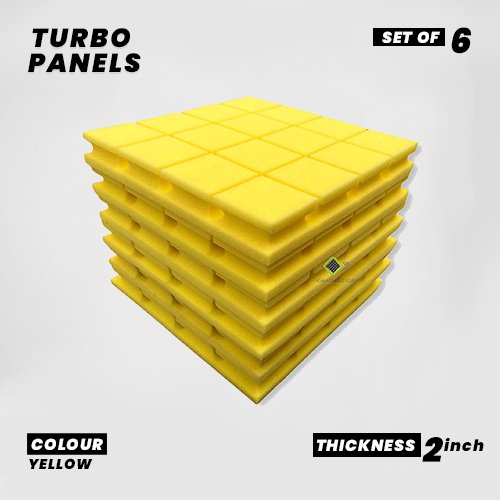 Turbo Panels - Set of 6 | 1 Sqft, 2" Thick | 50 Density Studio Noise Reduction, Echo Absorption | Premium Grade | 3D Structure with Grooves | YELLOW