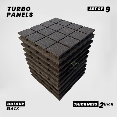 Turbo Panels - Set of 9 | 1 Sqft, 2" Thick | 50 Density Studio Noise Reduction, Echo Absorption | Premium Grade | 3D Structure with Grooves | BLACK