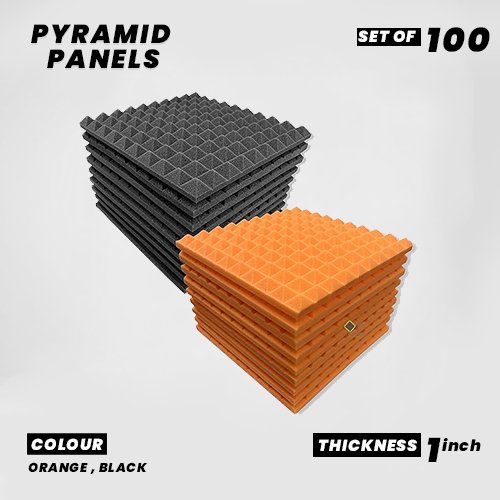 Pyramid Panels - Set of 100 | 1 Sqft, 1" Thick | 50 Density Studio Noise Reduction, Echo Absorption | Premium Grade | 3D Structure | 50 ORANGE, 50 BLACK