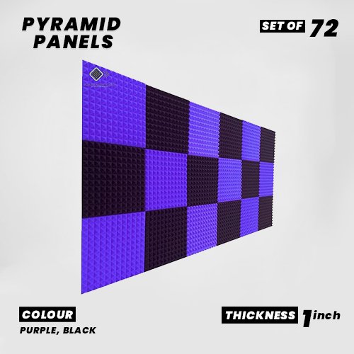 Pyramid Panels - Set of 72 | 1 Sqft, 1" Thick | 50 Density Studio Noise Reduction, Echo Absorption | Premium Grade | 3D Structure | 36 PURPLE, 36 BLACK