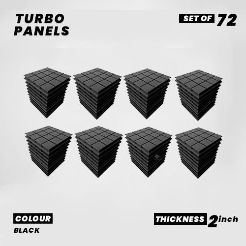 Turbo Panels - Set of 72 | 1 Sqft, 2" Thick | 50 Density Studio Noise Reduction, Echo Absorption | Premium Grade | 3D Structure with Grooves | BLACK