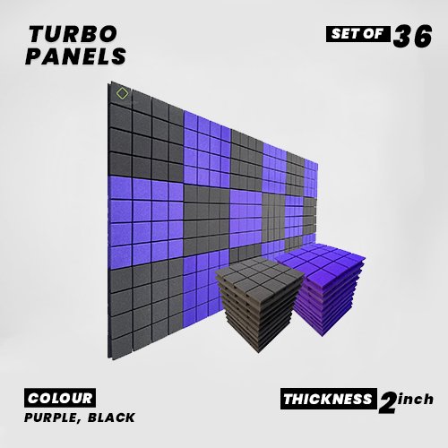 Turbo Panels - Set of 36 | 1 Sqft, 2" Thick | 50 Density Studio Noise Reduction, Echo Absorption | Premium Grade | 3D Structure with Grooves | 18 PURPLE 18 BLACK