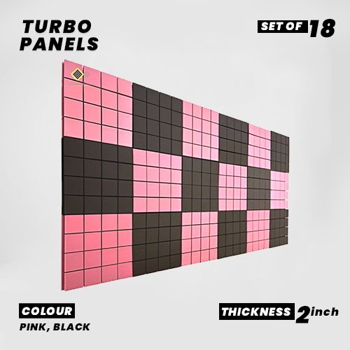 Turbo Panels - Set of 18 | 1 Sqft, 2" Thick | 50 Density Studio Noise Reduction, Echo Absorption | Premium Grade | 3D Structure with Grooves | 9 PINK, 9 BLACK