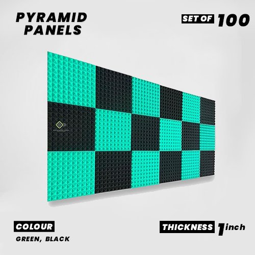 Pyramid Panels - Set of 100 | 1 Sqft, 1" Thick | 50 Density Studio Noise Reduction, Echo Absorption | Premium Grade | 3D Structure | 50 GREEN, 50 BLACK